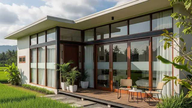 Desain Eksterior Rumah Kecil di Desa Tampak Modern Elegan