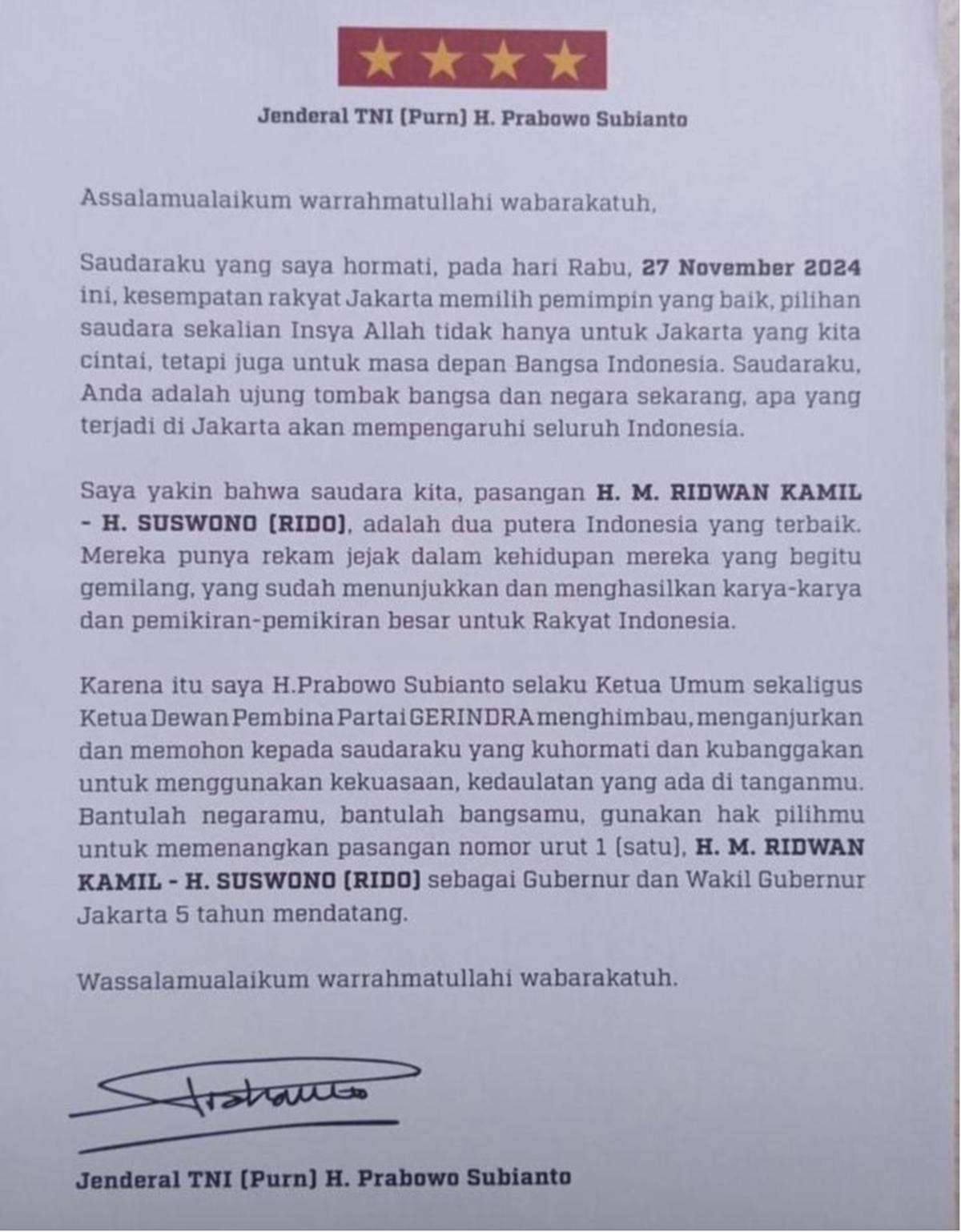 Surat Prabowo Ajak Warga Jakarta Pilih Ridwan Kamil-Suswono