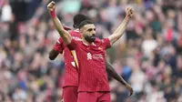 Liverpool meraih kemenangan 3-1 atas Crystal Palace pada laga pekan ke-28 Premier League di Stadion Anfield, Sabtu (8/3/2025) malam WIB.&nbsp;Dua dari tiga gol The Reds disarangkan Mohamed Salah.&nbsp;(AP Photo/Jon Super)
