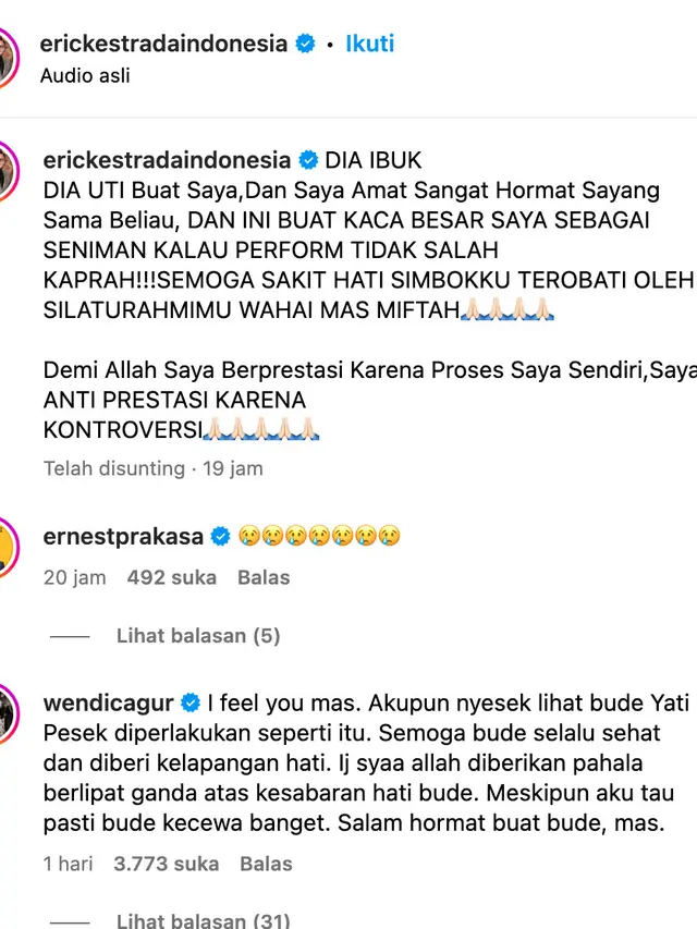 Komentar Wendi Cagur terkait Yati Pesek. (Foto: Dok. Instagram @erickestradaindonesia)