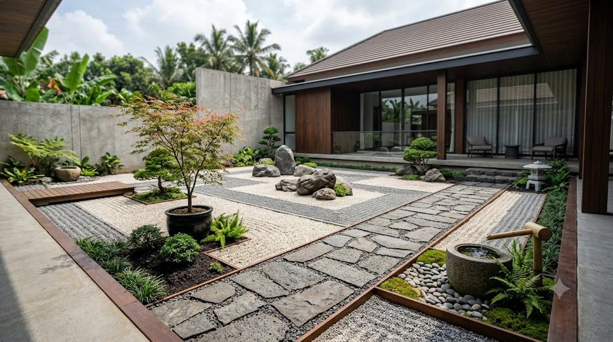 Desain Taman Kering Gaya Zen Modern untuk Rumah Minimalis/AI Generated