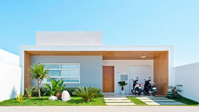 Desain Rumah Tipe 45 Satu Lantai dengan Garasi Muat 2 Motor dan Tampak Luas (AI)