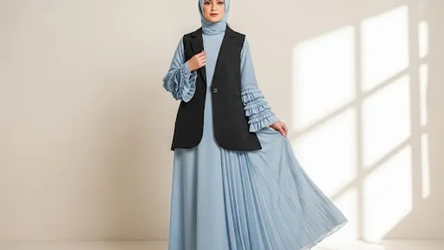 Dress Panjang One Color Aksen Ruffle + Blazer Hitam