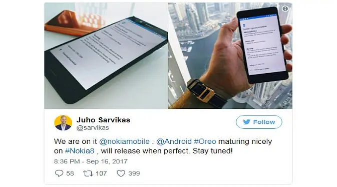 Chief Product Officer HMD Global, Juho Sarvikas, mengunggah dua gambar yang memperlihatkan Nokia 8 tengah menjajal Android Oreo (Foto: Ist)