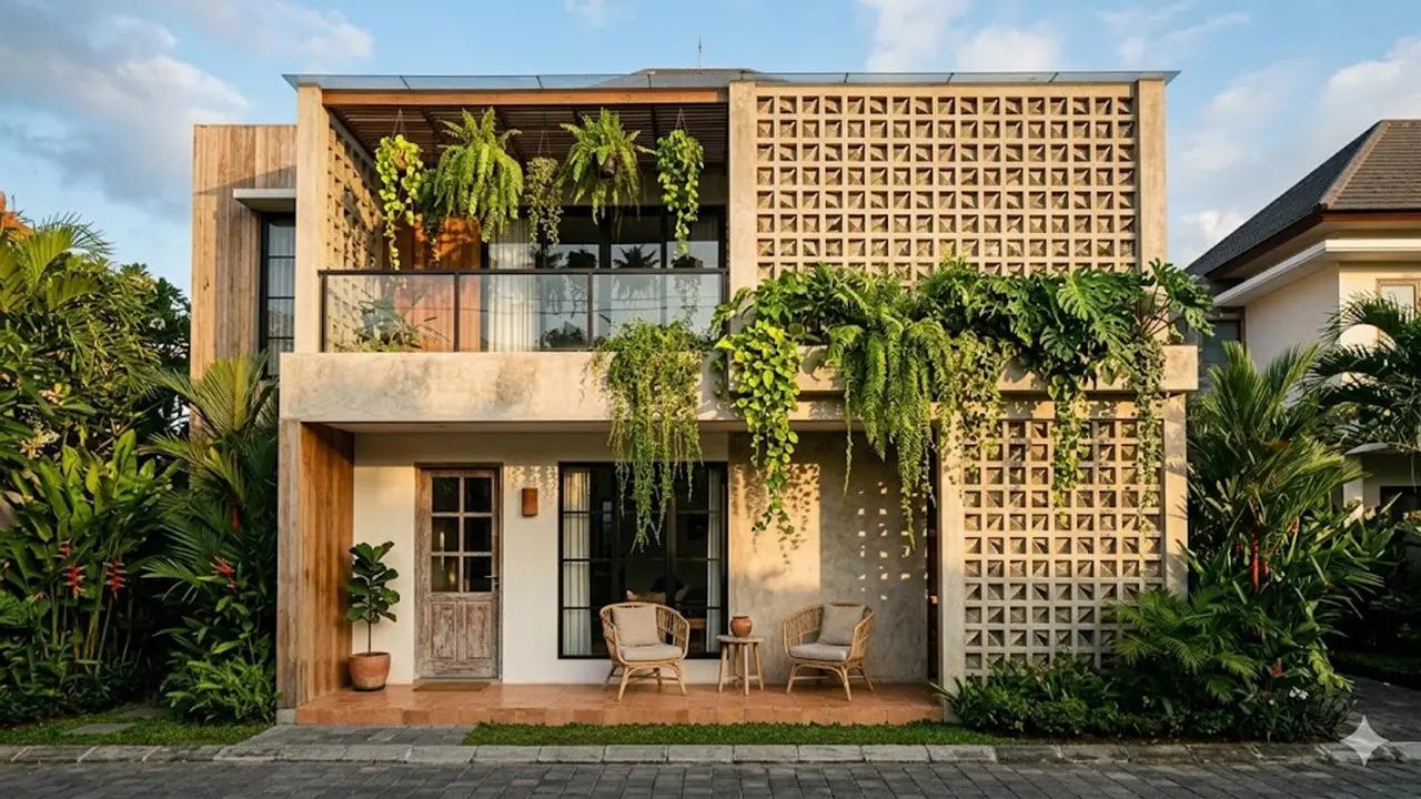 Desain Fasad Rumah dengan Roster dan Tanaman Gantung