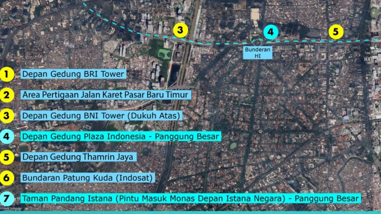 Denah panggung pesta rakyat di sepanjang jalan Semanggi, Sudirman, Thamrin sampai ke Istana, Monas.