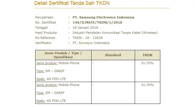 Samsung Galaxy S9 dan Galaxy S9+ telah mendapatkan sertifikat tingkat kandungan dalam negeri (TKDN) dari Kementerian Perindustrian (Sumber: Website P3DN Kemenperin)