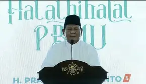 Presiden terpilih RI periode 2024-2029, Prabowo Subianto menghadiri acara Halal Bihalal PBNU. Dalam kesempatan itu, Prabowo mengaku dirinya sudah lama dipersiapkan Presiden Jokowi untuk jadi penerusnya. (Foto: Istimewa)