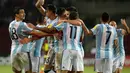 Para pemain Argentina merayakan gol saat melawan Venezuela pada kualifikasi Piala Dunia 2018 zona Conmebol di Merida, Venezuela, (7/9/2016) WIB. (AFP/Federico Parra)