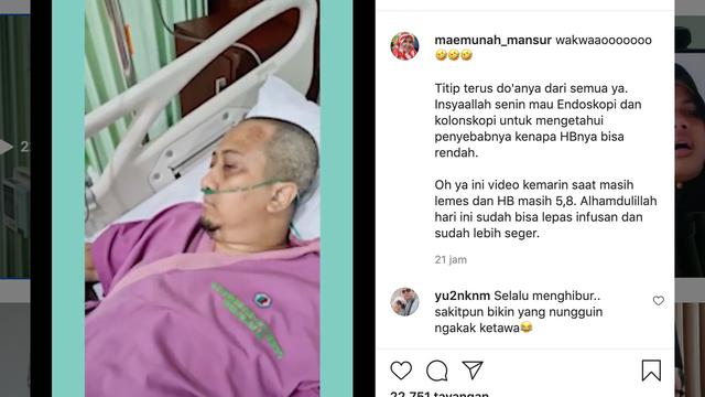 Unggahan Siti Maemunah terkait kondisi kesehatan ustaz Yusuf Mansur. (Foto: Instagram @maemunah_mansur)