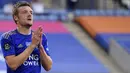 Vardy menorehkan satu hattrick dan lima kali brace untuk Leiecester di musim ini. Pemain asal Inggris ini juga tercatat sebagai pemain Leicester pertama yang meraih Golden Boot di Premier League. (Michael Regan/Pool via AP)