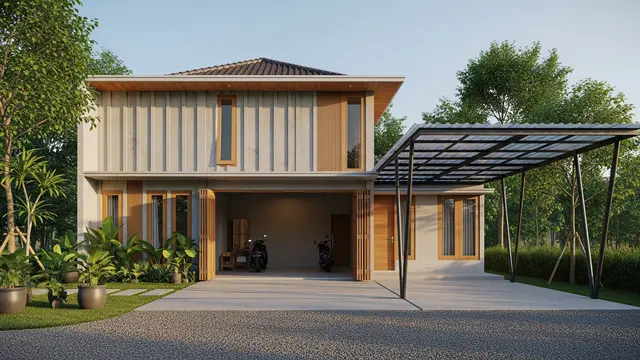 Desain Rumah Desa Sederhana dengan Garasi Terbuka/Gemini AI