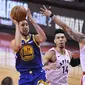 Toronto Raptors harus kerja keras untuk meredam guard Golden State Warriors Klay Thompson di sisa NBA Finals 2019. (Frank Gunn/The Canadian Press via AP)