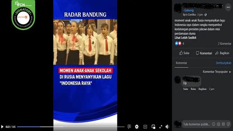 Gambar Tangkapan Layar Video yang Diklaim Paduan Suara Anak-anak Sambut Kedatangan Presiden Jokowi di Rusia (sumber: Facebook).