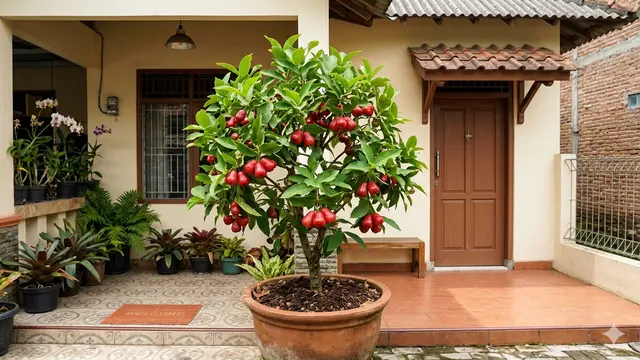 Pohon Buah dalam Pot Bentuk Rapi untuk Penghias Teras