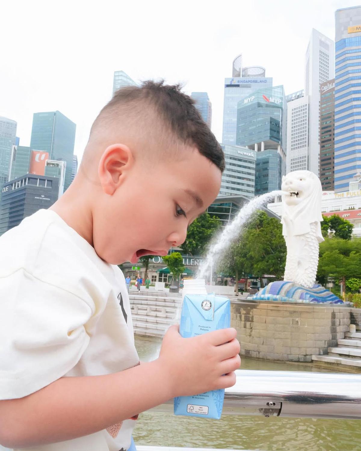 Potret Rayyanza Berpose Lucu di Depan Patung Merlion, Netizen: Wudhu Aja Nyampe Singapore