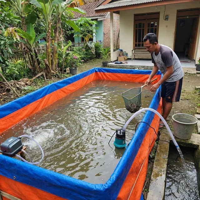 Mengganti air di kolam terpal berisi lobster air tawar (Gemini AI)