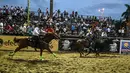 Seorang koboi berusaha menarik sapi dengan menunggangi kuda selama mengikuti kompetisi Coleo di Villavicencio, Kolombia pada 13 Oktober 2019. Acara olahraga tahunan tersebut melibatkan koboi untuk menangani seekor lembu jantan muda dengan menarik ekornya. (Juan BARRETO / AFP)