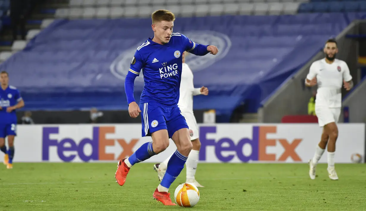 Pemain Leicester City Harvey Barnes mencetak gol ke gawang Zorya Luhansk pada pertandingan Grup G Liga Europa di Stadion King Power, Leicester, Inggris, Kamis (22/10/2020). Leicester City menang 3-0. (AP Photo/Rui Vieira)