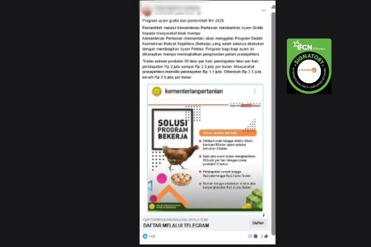 Klaim tautan pendaftaran untuk mendapatkan ayam gratis dari Kementan. Cek faktanya.