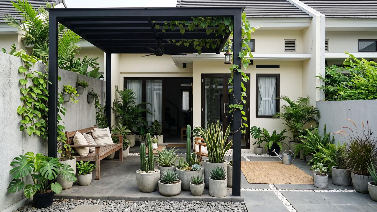 Ide Halaman Belakang dengan Pergola dan Taman Mini