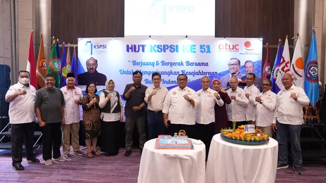 Konfederasi Serikat Pekerja Seluruh Indonesia (KSPSI) merayakan puncak peringatan Hari Ulang Tahun (HUT) ke-51 di Hotel Mercure Karawang, Jawa Barat, Rabu,28 Februari 2024. (Istimewa)