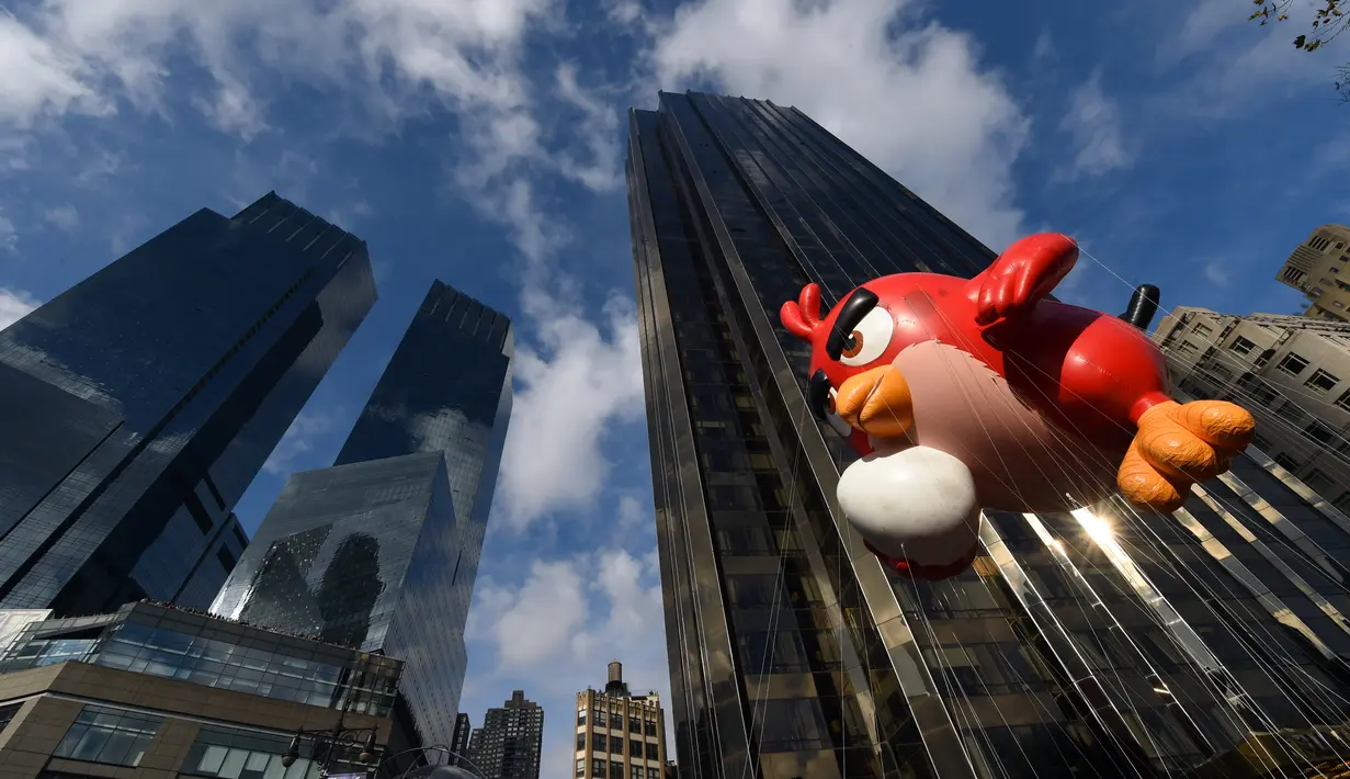Balon raksaksa berbentuk Angry Bird ikut meramaikan Parade Thanksgiving Day di New York City (26/11/2015). Beragam balon raksaksa yang dibuat seperti tokoh animasi menjadi suguhan utama dalam perayaan tersebut. (AFP Photo/Timothy A. Clary)