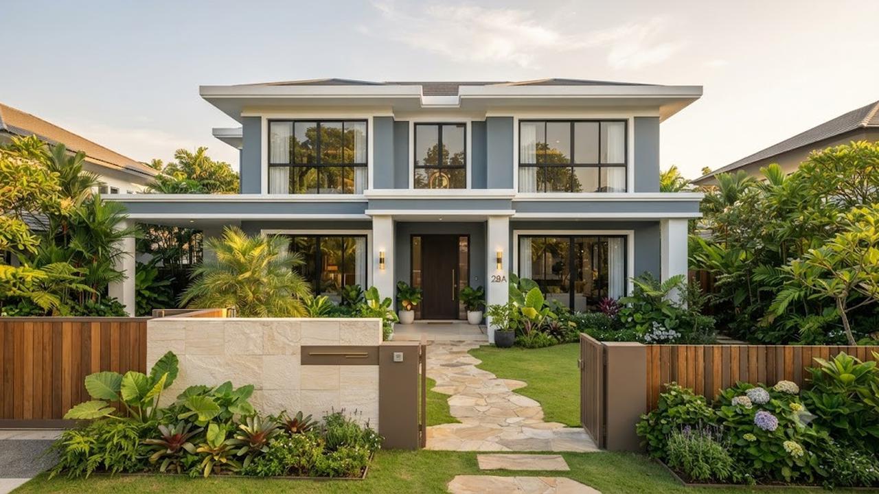 Warna Biru Abu Cat Luar Rumah Dipadukan dengan Pagar Earthy