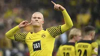 Erling Haaland akan menjadi pilihan yang lebih tepat daripada Ronaldo jika MU memang membutuhkan penambahan kekuatan pada lini serang. Ketajamannya di Liga Jerman bersama Borussia Dortmund tak pernah diragukan lagi. Ditambah, umurnya yang masih 21 tahun. (AFP/Ina Fassbender)