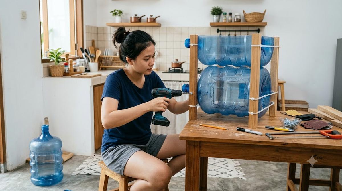 Cara Mengubah Galon Bekas Jadi Rak Penyimpanan Dapur yang Kokoh dan Multifungsi (AI Generated)