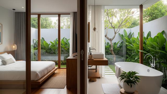 Kamar Tidur dengan Pemandangan Hijau dan Bathtub Terbuka