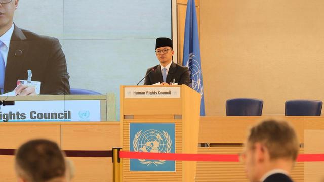 Menteri Luar Negeri RI Sugiono dalam Pertemuan High-Level Segment Dewan Hak Asasi Manusia (Dewan HAM) PBB Sesi ke-58 di Jenewa, Swiss (24/2/2025). (Dok. Kemlu RI)