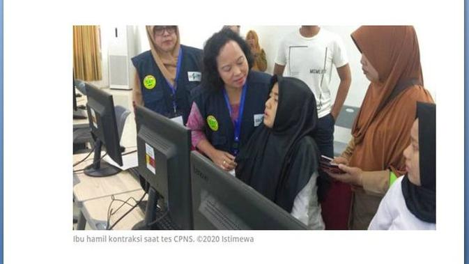Seorang ibu hamil menjadi salah satu peserta tes SKD CPNS Pemerintah Kabupaten Pesawaran, Provinsi Lampung. (Merdeka.com)