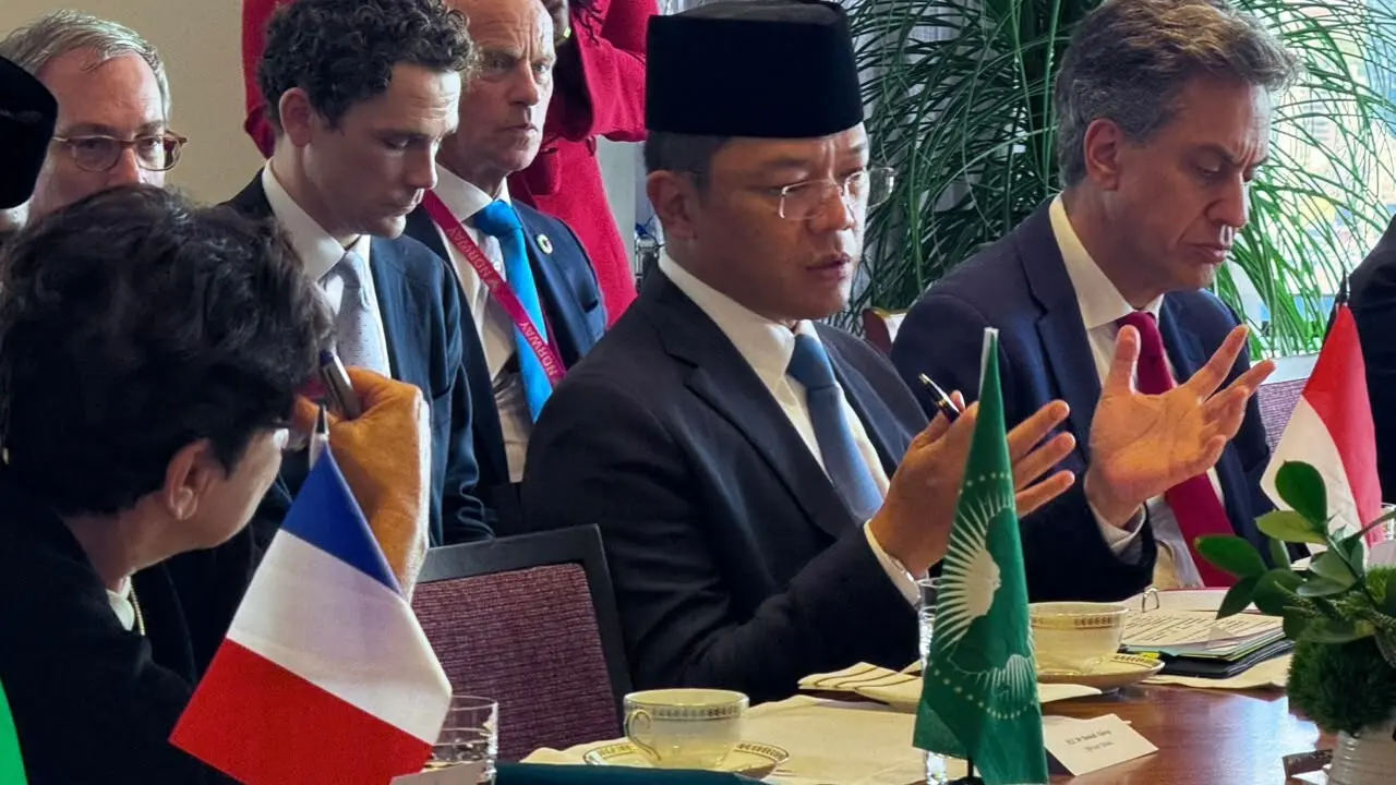 Menteri Luar Negeri Republik Indonesia Sugiono dalam forum diskusi mengenai keamanan iklim yang diselenggarakan di sela-sela sidang Majelis Umum PBB di New York, Amerika Serikat, Rabu (23/9).
