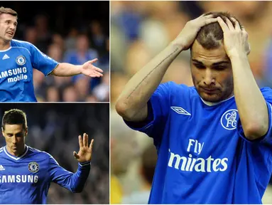 Berikut foto Striker yang gagal bersinar bersama Chelsea. Diantaranya, Fernando Torres, Andriy Shevchenko dan Adrian Mutu.(Foto-foto Kolase AFP dan EPA)