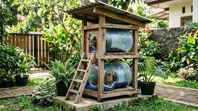 Ide DIY Rumah Kucing Outdoor dari Galon Bekas
