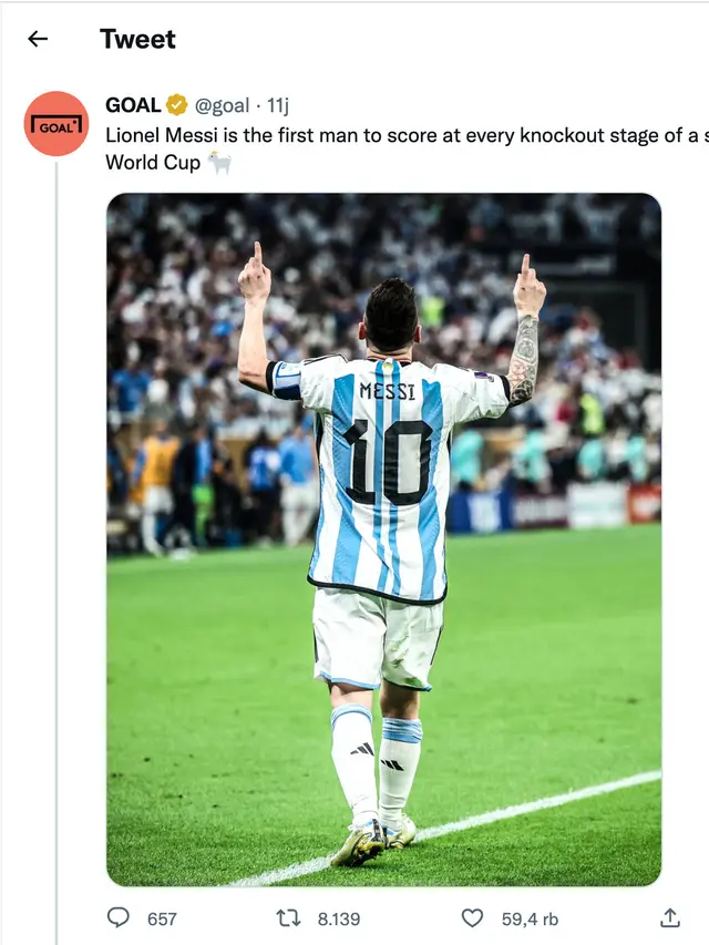 Unggahan soal prestasi Lionel Messi. (Foto: Dok. Twitter terverifikasi @goal)