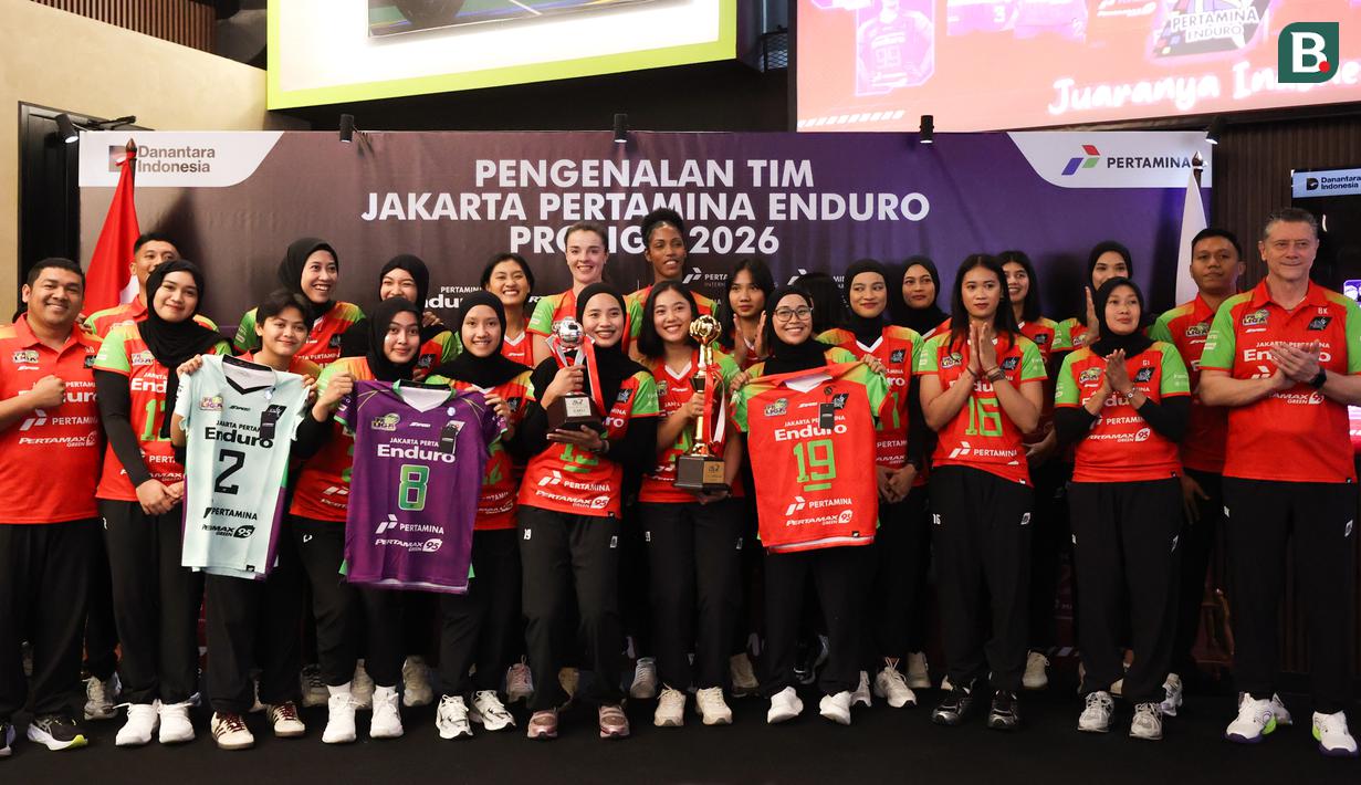 Skuad Jakarta Pertamina Enduro yang akan berlaga di kompetisi Proliga 2026 pada acara launching tim untuk kompetisi Proliga 2026 yang berlangsung di Enduro x Fastron Lounge, Gedung Oil Center, Thamrin, Jakarta Pusat pada Senin (05/01/2026).