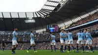 Pemain Manchester CIty merayakan gol David Silva pada laga Liga Inggris melawan Southampton di Etihad Stadium, Minggu (4/11/2018). (AFP/Paul Ellis)