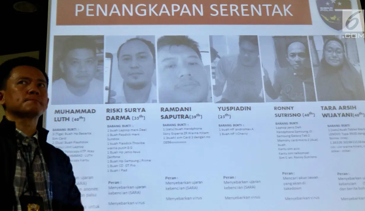 Layar monitor menunjukkan enam anggota The Family Muslim Cyber Army yang terlibat kasus ujaran kebencian di Direktorat Tindak Pidana Siber Bareskrim Polri, Jakarta (28/2). (Liputan6.com/Immanuel Antonius)