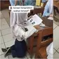 Seorang siswi tampak berlutut saat mengerjakan soal ujian, alasannya ternyata ada hewan ini di kursinya. (Sumber: TikTok/mz.dewi)