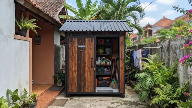 Desain gudang mini 1x2 meter di samping rumah sebagai contoh yang bisa jadi ruang serbaguna model gudang dengan pintu geser untuk menghemat area