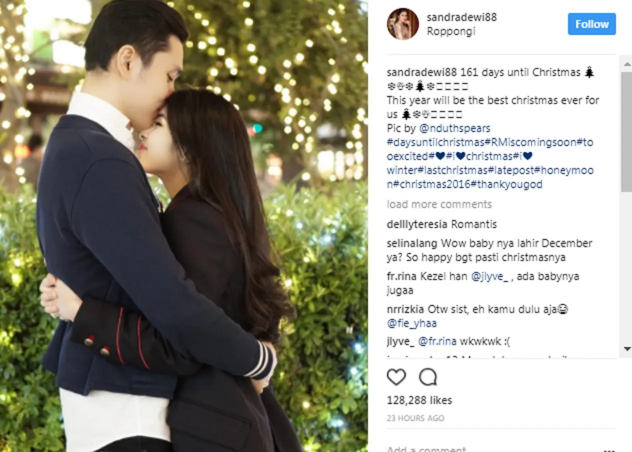 Sandra Dewi memberi isyarat anaknya lahir di momen Natal. (Instagram/sandradewi88)
