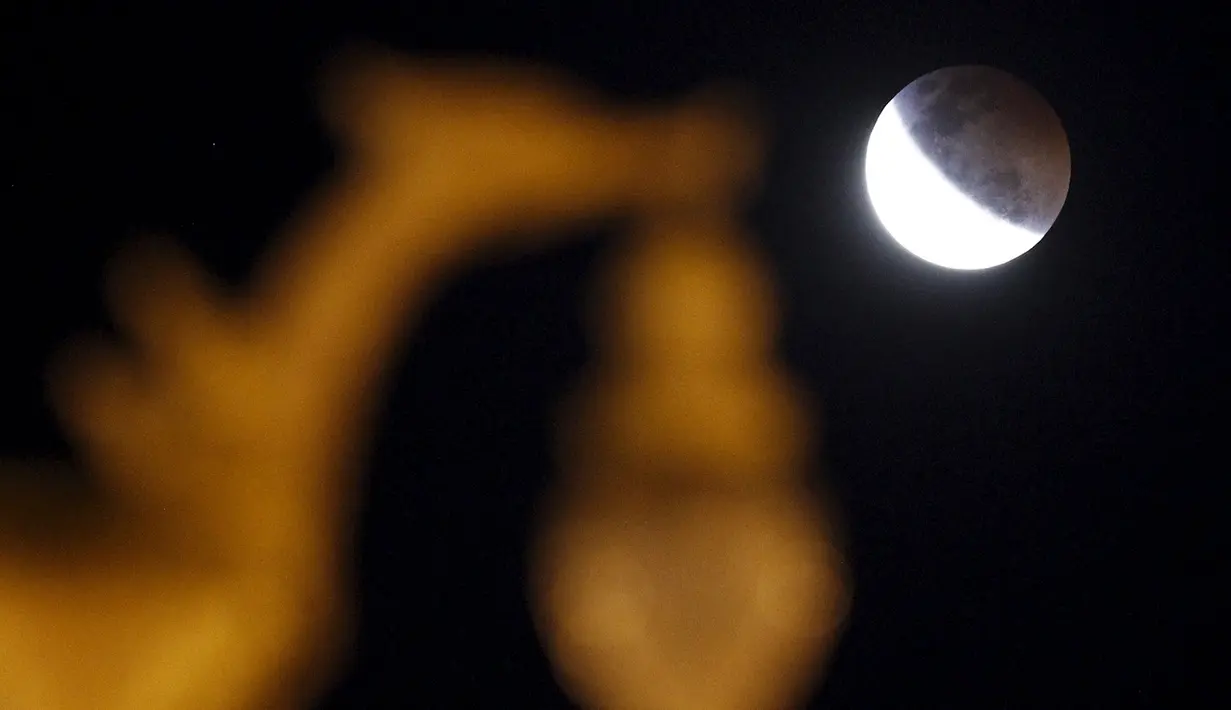Sebuah patung menjadi obyek incaran fotografer untuk mendokumentasikan keindahan gerhana bulan di provinsi Nakhon Pathom, Bangkok, Sabtu (4/4/2015). (REUTERS/Chaiwat Subprasom)