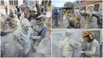Foto kolase saat orang-orang yang mengenakan pakaian militer ikut serta dalam perang makanan "Els Enfarinats" di Kota Ibi, Spanyol, 28 Desember 2022. (JAIME REINA/AFP)
