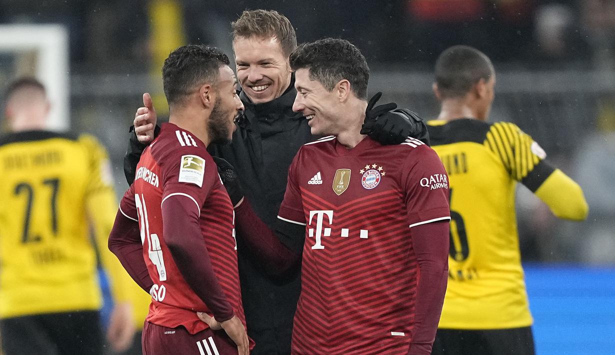 Laga bertajuk Der Klassiker ini dimenangkan oleh pasukan Julian Nagelsmann dengan skor ketat 3-2. (AP/Martin Meissner)