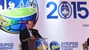 Ketua Umum PSSI 2015-2019, La Nyalla Mattalitti memberikan pidato pertamanya usai terpilih dalam Kongres Luar Biasa PSSI 2015 di Hotel JW Marriot, Surabaya, Sabtu (18/4/2015). La Nyalla mendapat 92 suara dari 106. (Liputan6.com/Helmi Fithriansyah)