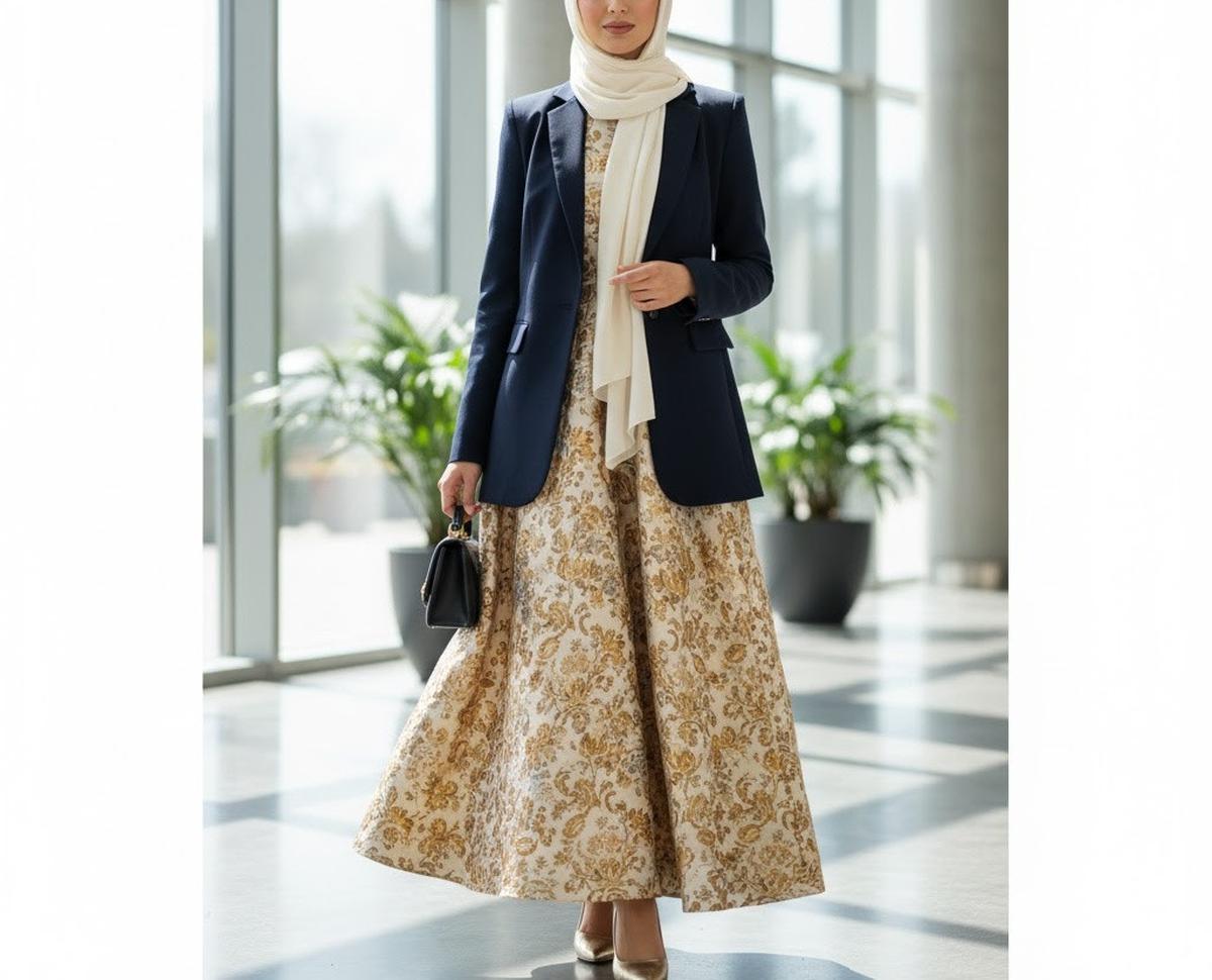 Ilustrasi Gamis Brokat dengan Blazer