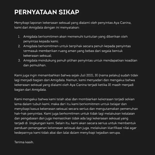 Pernyataan sikap band Amigdala. (Foto: Dok. Instagram @musikamigdala)