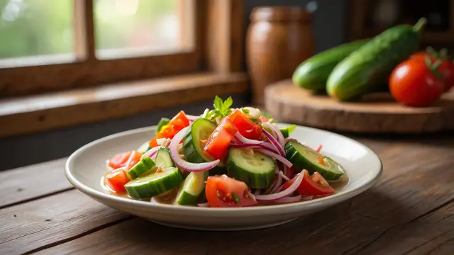 Resep Salad Mentimun Tomat Bawang Merah (Foto: Reve Art AI)